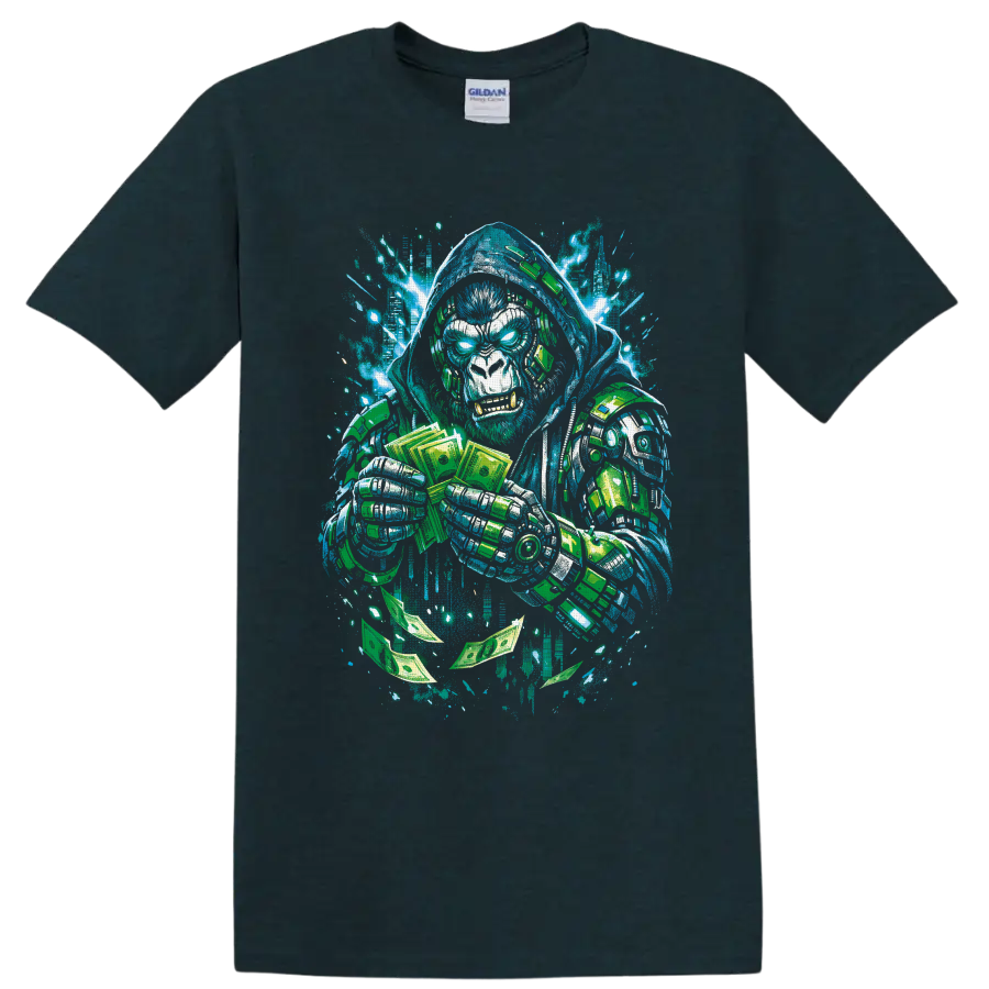 Hooded cyberpunk gorilla with robotic armor, cash, and blaster in graffiti art on a Midnight (Green) T Shirt