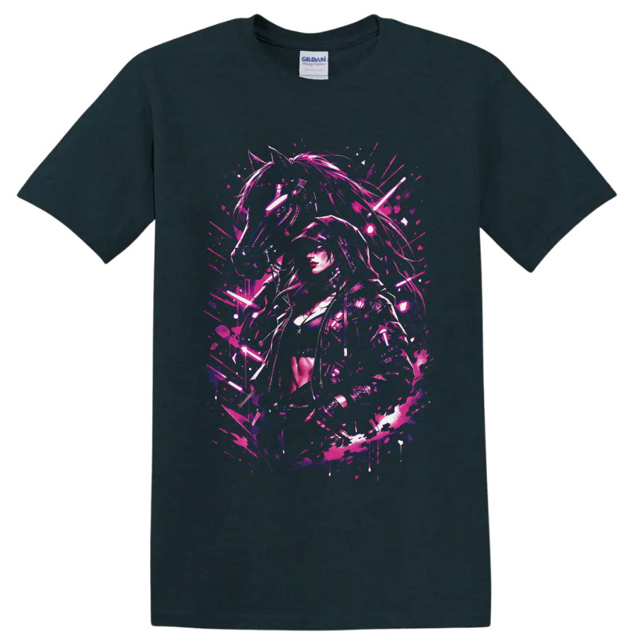 Cyberpunk female warrior and mechanical horse in neon pink and blue glitch art on a Midnight (Green) T Shirt