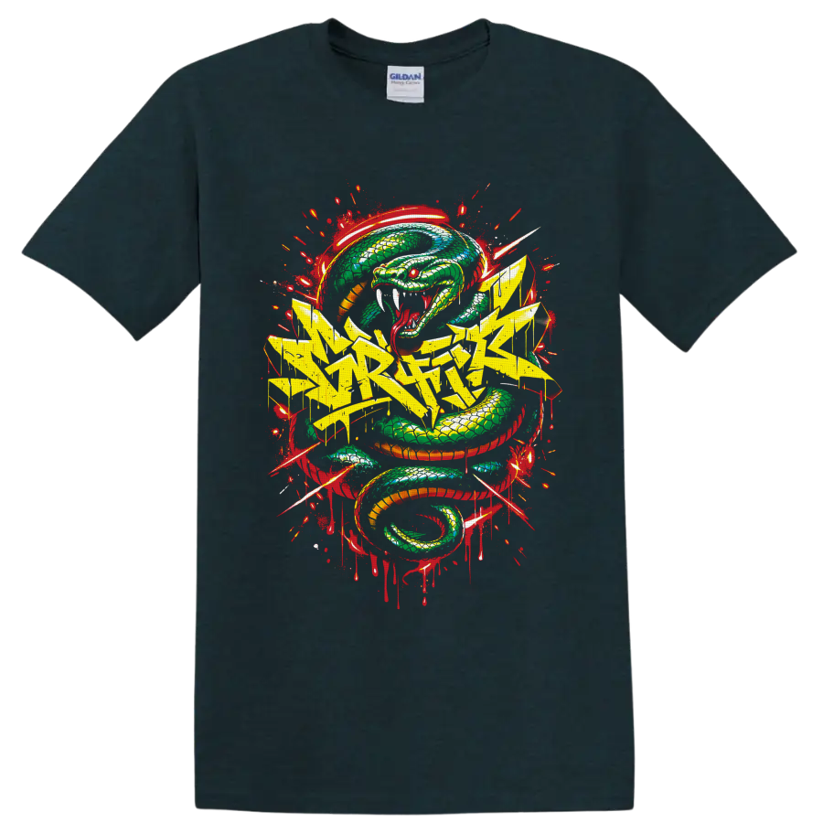 Fierce coiled green serpent with yellow graffiti lettering and red splatter street art on a Midnight (Green) T Shirt