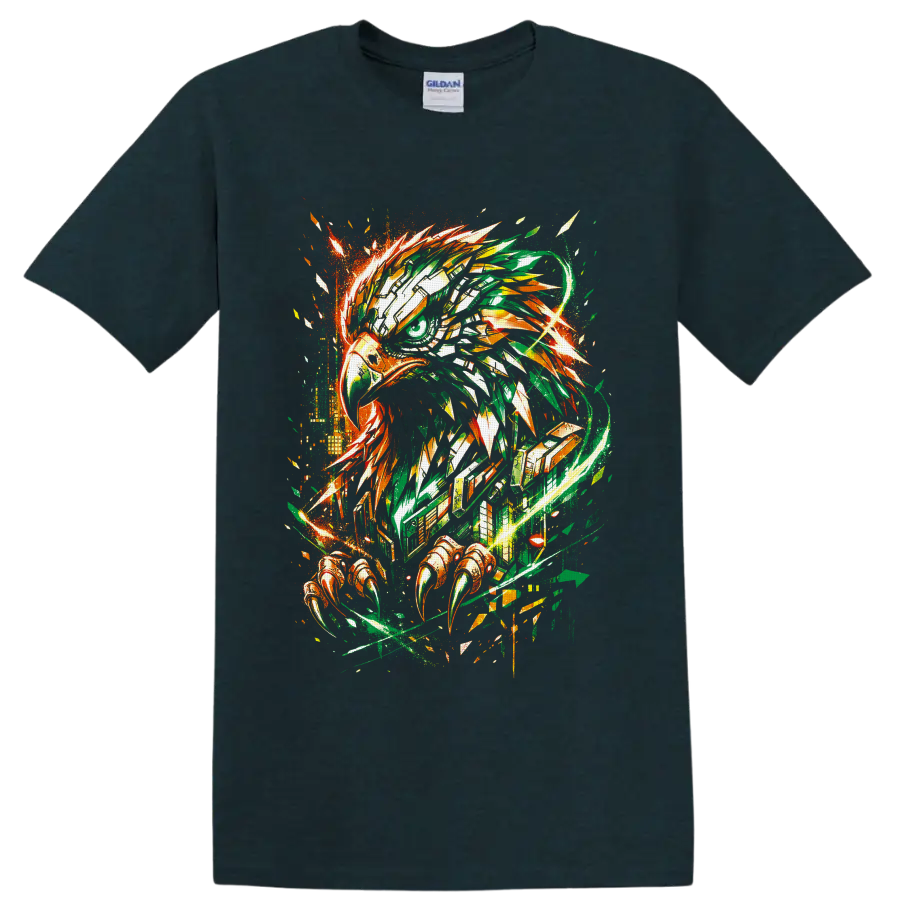 Abstract eagle head with talons in green and orange graffiti-style splatter art on a Midnight (Green) T Shirt