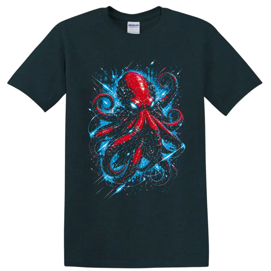 Red octopus with blue eyes in a graffiti-style ocean splash design on a Midnight (Green) T Shirt