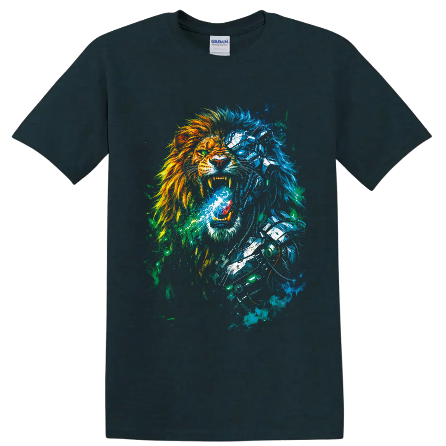 Roaring cyborg lion with fiery mane, blue robotic armor, and cyberpunk paint splatter on a Midnight (Green) T Shirt