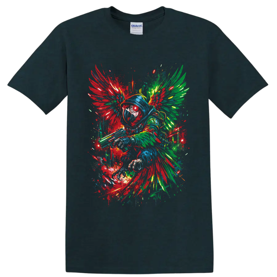 Hooded winged warrior in colorful fantasy graffiti art with paint splatters on a Midnight (Green) T Shirt
