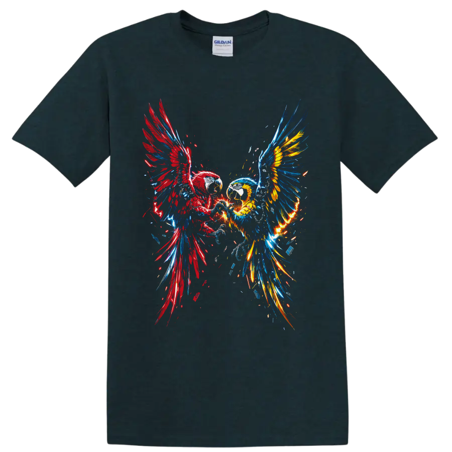 Two bald eagles with red, blue, and gold fire wings in explosive graffiti art on a Midnight (Green) T Shirt