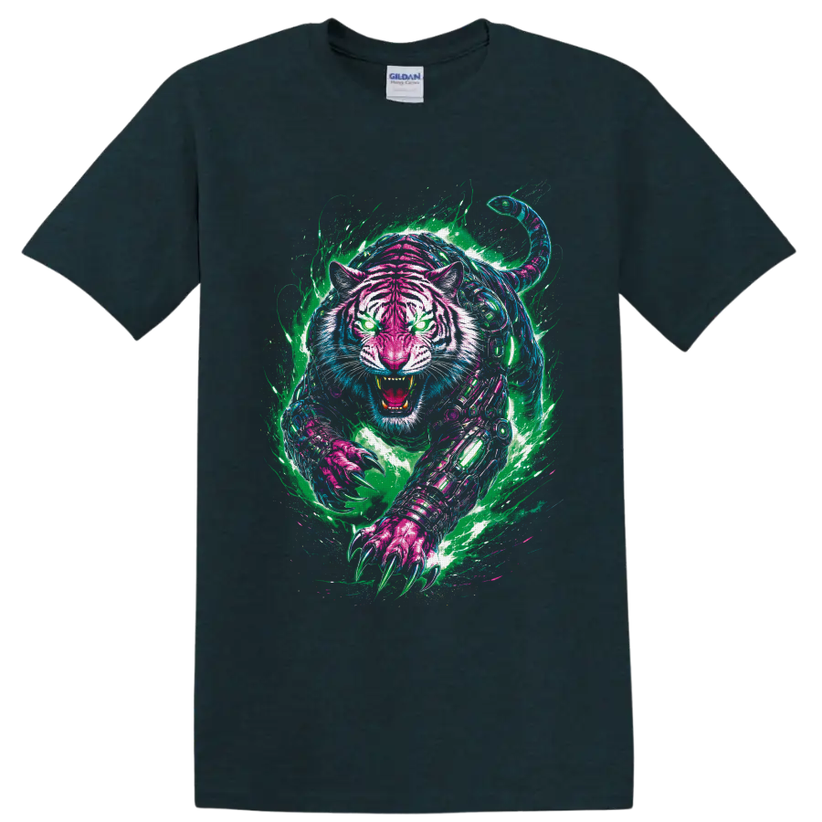 Neon graffiti-style cyberpunk robotic tiger roaring with glowing eyes and extended claws on a Midnight (Green) T Shirt