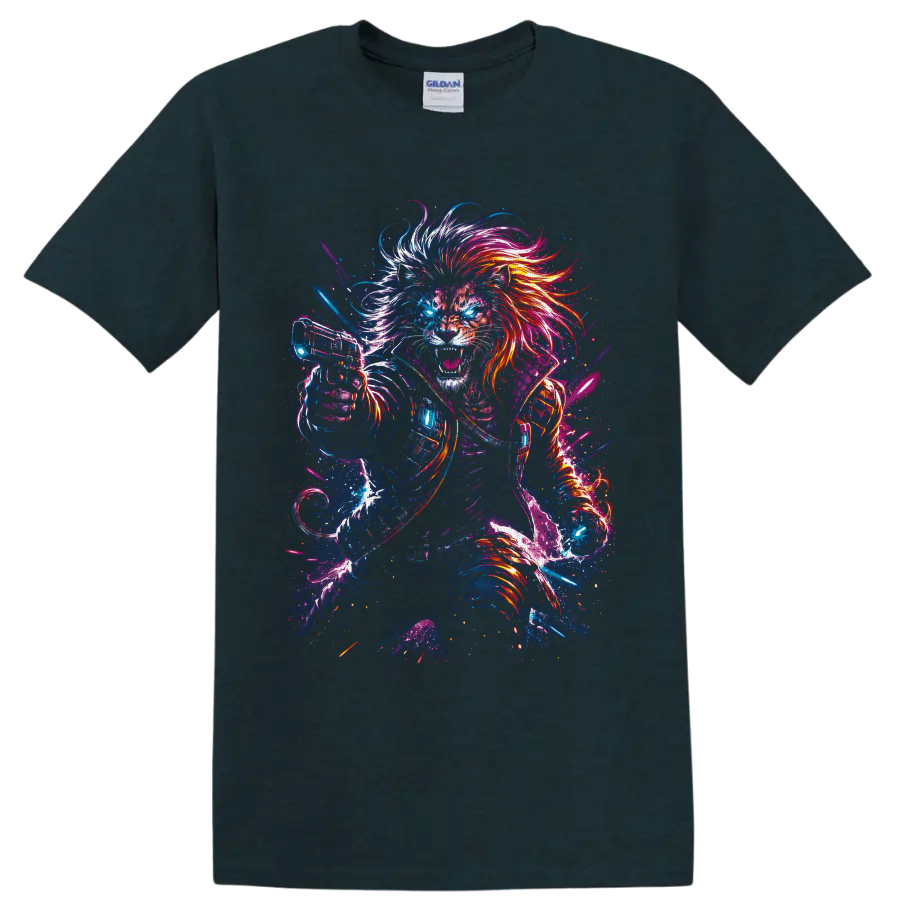 Roaring cyberpunk lion warrior with neon mane, armor, glowing eyes, and sci fi blaster on a Midnight (Green) T Shirt