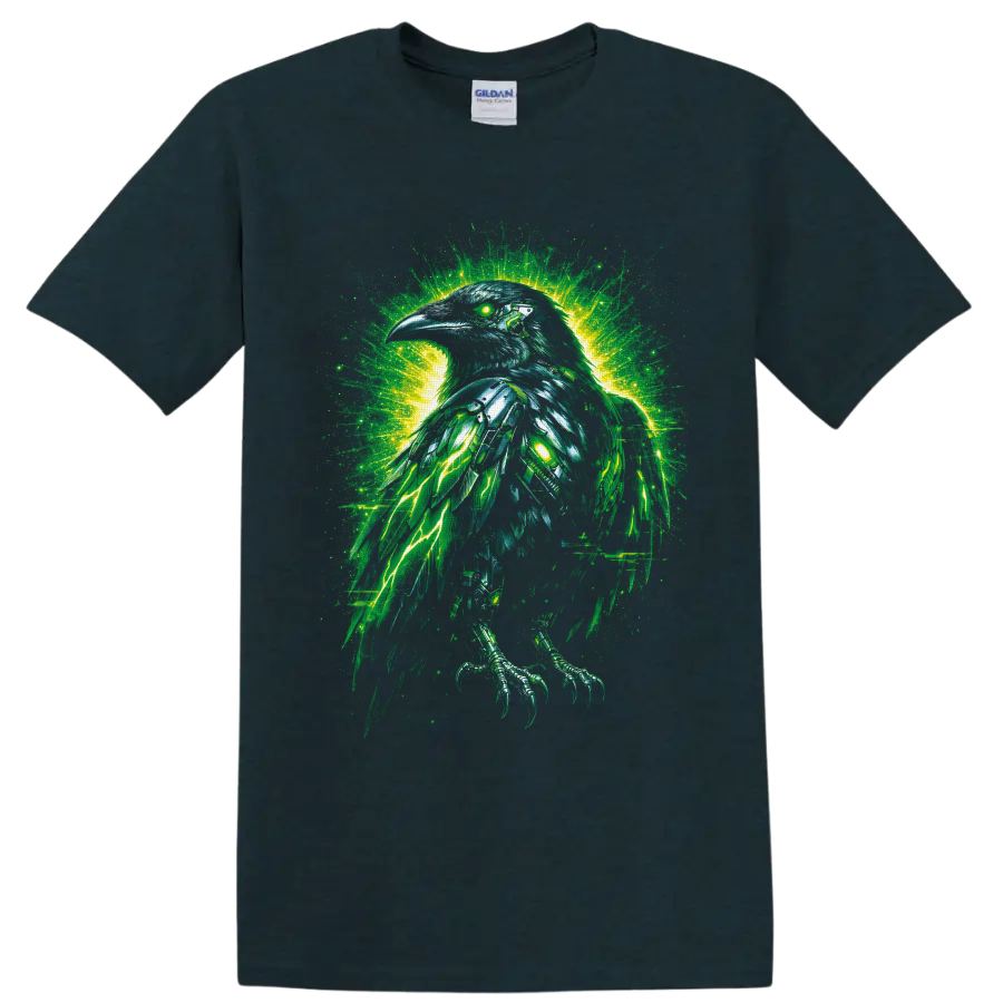 Gothic fantasy raven with glowing green eye, teal feathers, and electric lightning on a Midnight (Green) T Shirt