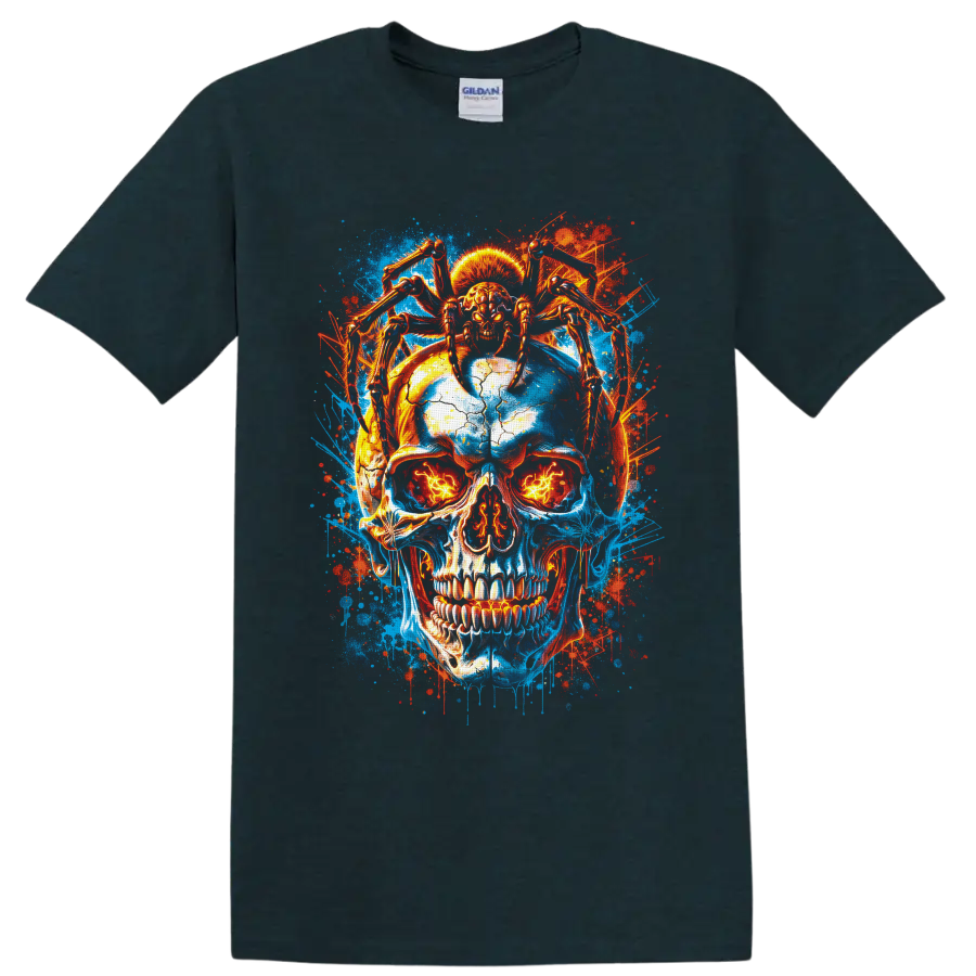 Neon blue and fiery red cracked skull with skeletal spider legs and glowing eyes on a Midnight (Green) T Shirt