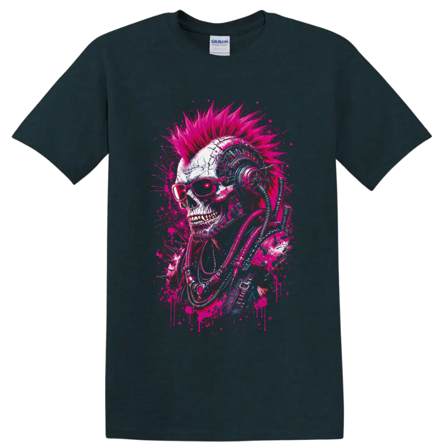 Cyberpunk skull with neon mohawk, sunglasses, futuristic headphones, and cables on a Midnight (Green) T Shirt