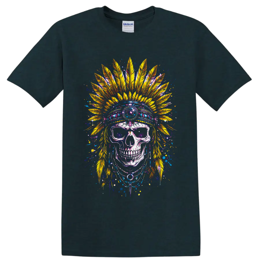 Colorful gothic skull illustration with ornate golden feather headdress and paint on a Midnight (Green) T Shirt
