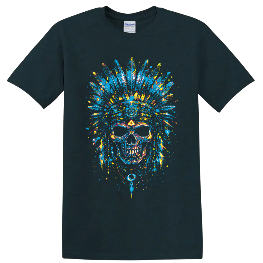 Colorful skull with feather headdress in vivid graffiti splatter art on a Midnight (Green) T Shirt