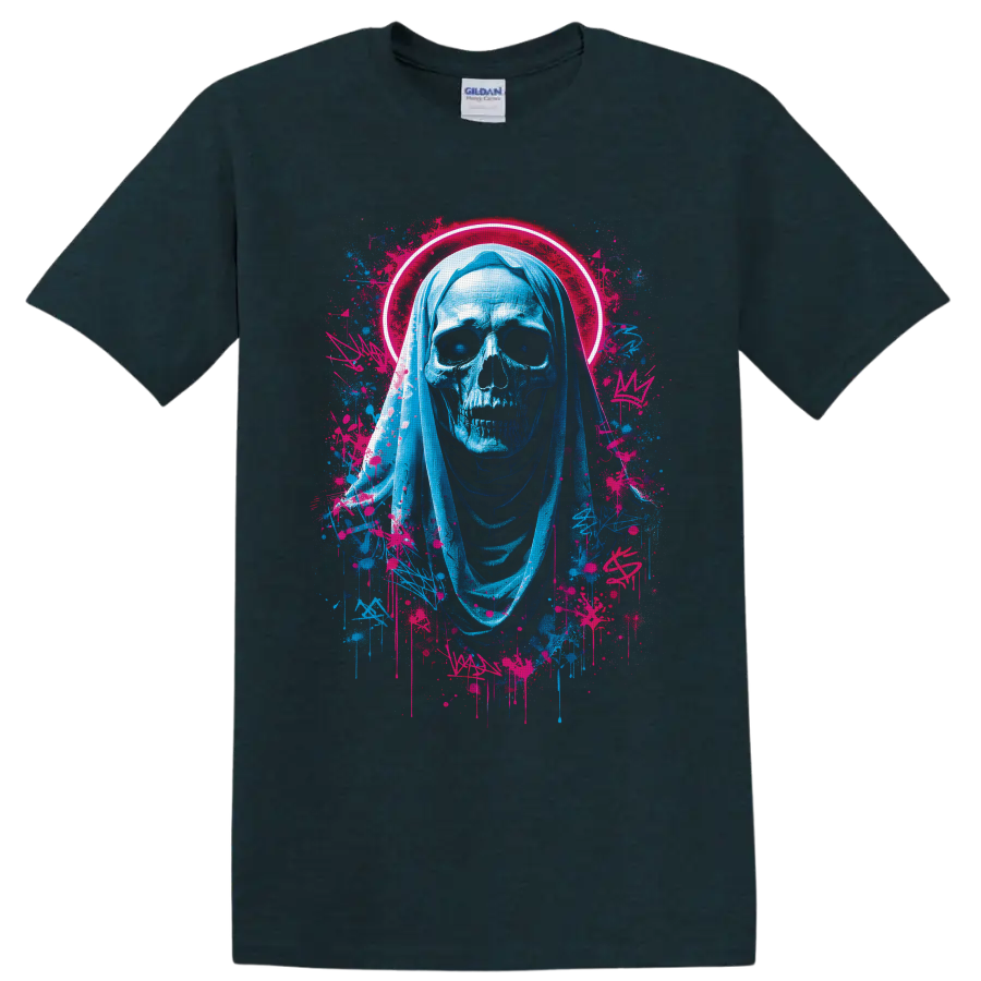 Neon blue hooded Grim Reaper skull with hot-pink halo and graffiti paint splatters on a Midnight (Green) T Shirt