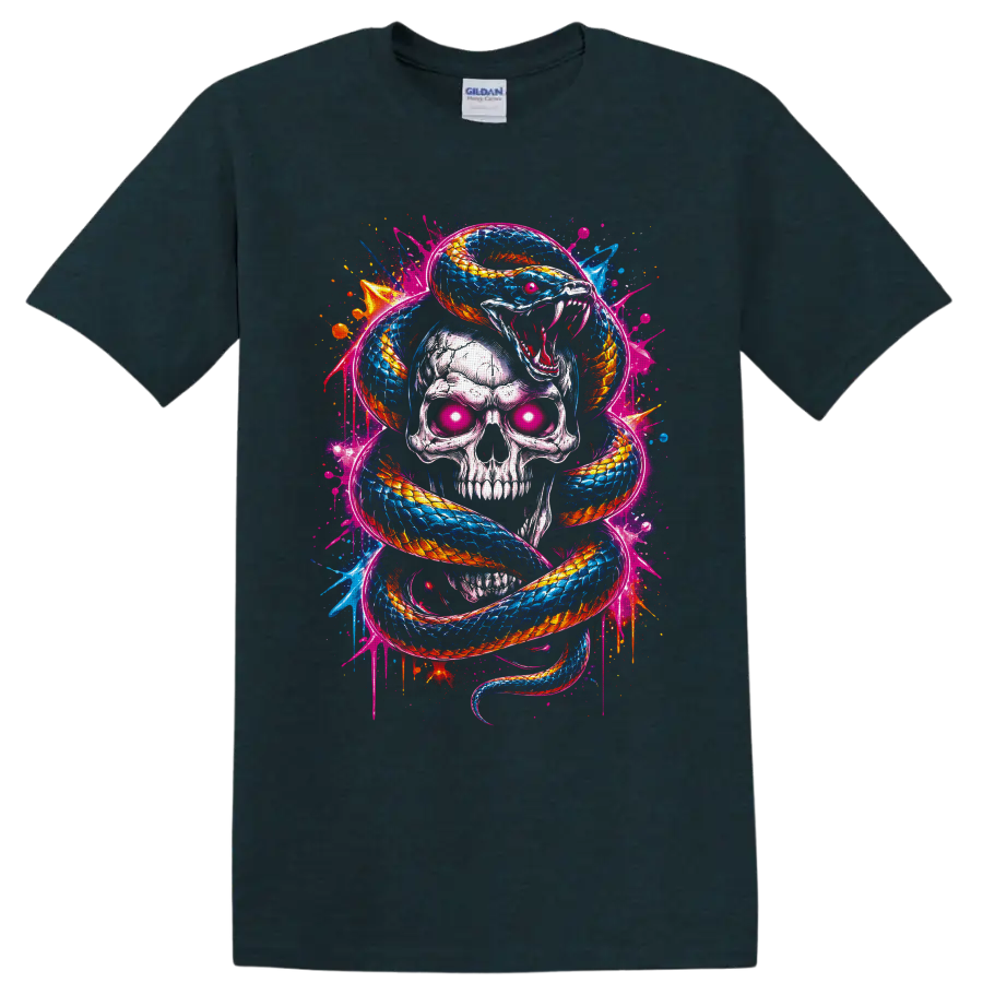 Neon graffiti-style skull with glowing pink eyes wrapped in a blue and orange snake on a Midnight (Green) T Shirt