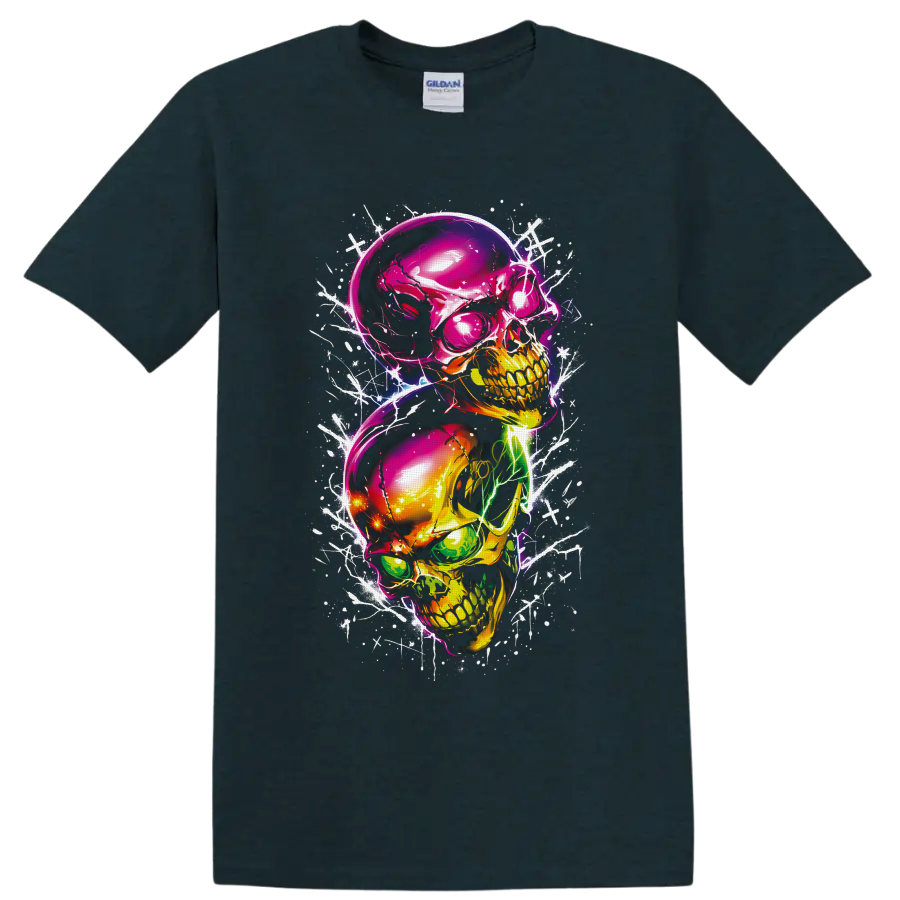 Two stacked neon skulls in glossy gothic graffiti art with white scratch and splatter on a Midnight (Green) T Shirt