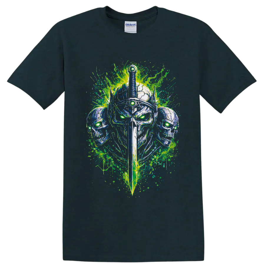Cyberpunk armored skull warrior with sword, glowing green eyes, and paint splatters on a Midnight (Green) T Shirt