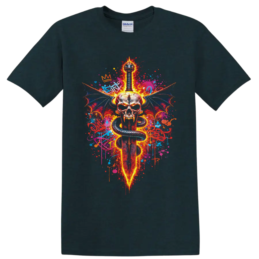 Fiery gothic skull with sword, coiled serpent, bat wings, and graffiti splatters on a Midnight (Green) T Shirt