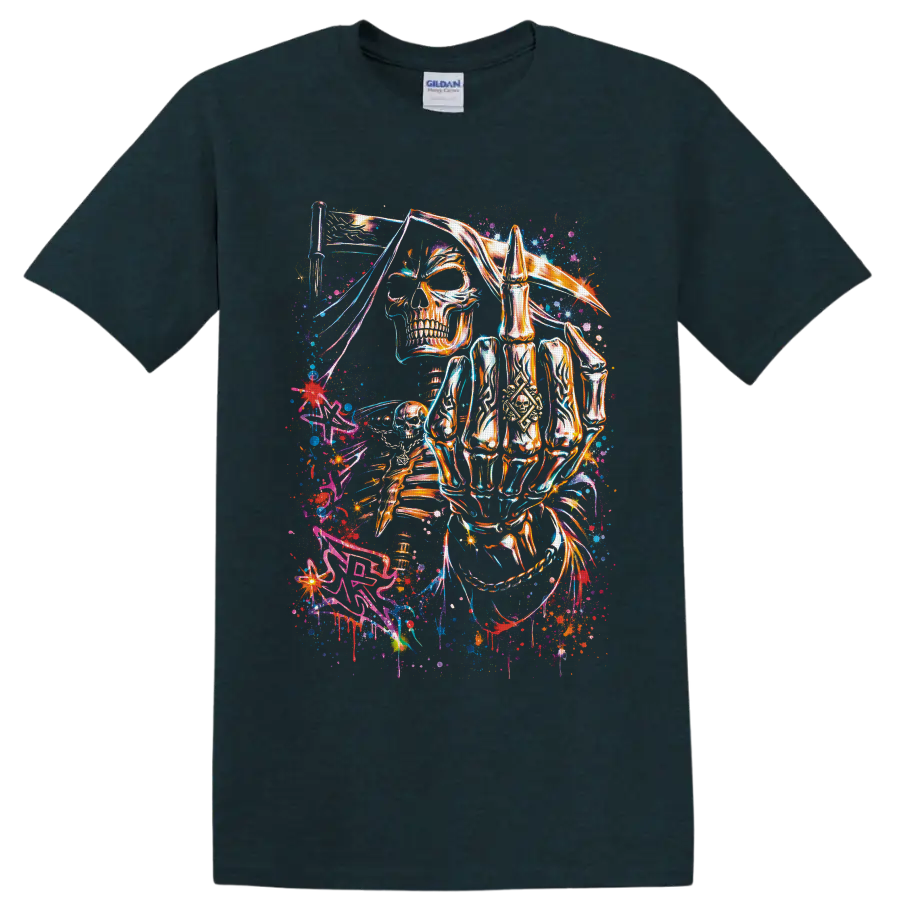 Neon grim reaper skeleton with scythe in cosmic graffiti art on a Midnight (Green) T Shirt