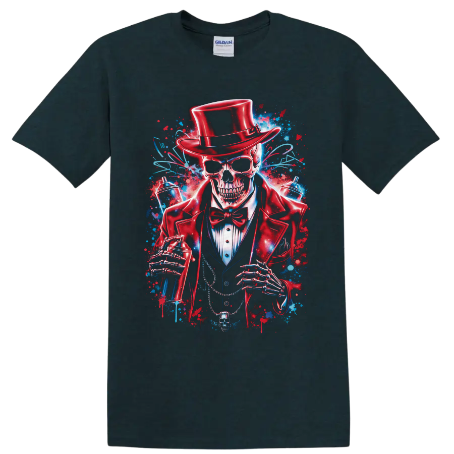 Top-hatted skeleton gentleman with spray cans in vivid red and blue graffiti art on a Midnight (Green) T Shirt