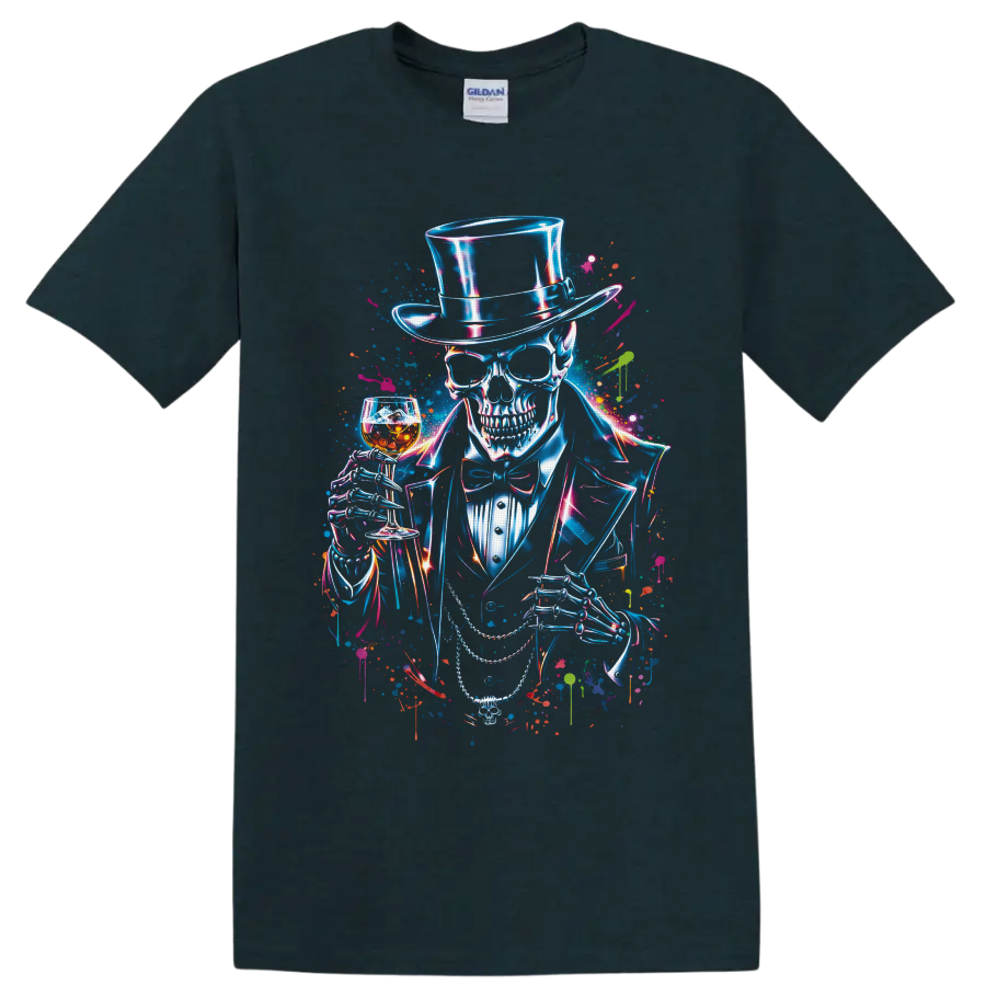 Neon gothic skeleton in top hat holding whiskey glass and cane splatter art on a Midnight (Green) T Shirt