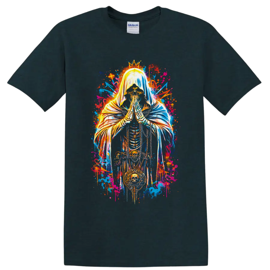 Crowned praying skeleton with skull medallion in neon gothic graffiti art on a Midnight (Green) T Shirt