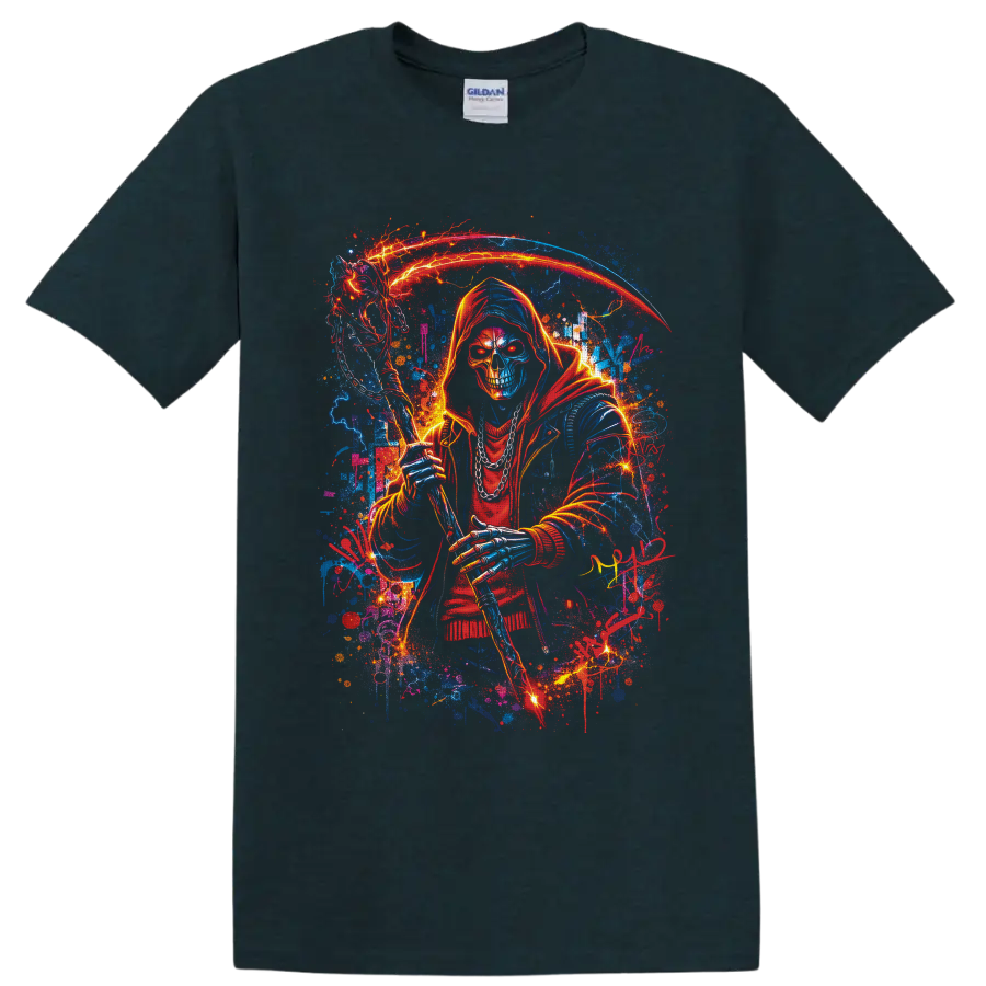 Neon hooded Grim Reaper skull holding a glowing scythe amid lightning and paint splatters on a Midnight (Green) T Shirt