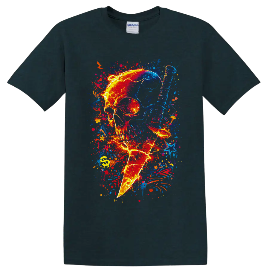 Neon skull pierced by lightning bolt with vibrant graffiti splatters and stars on a Midnight (Green) T Shirt