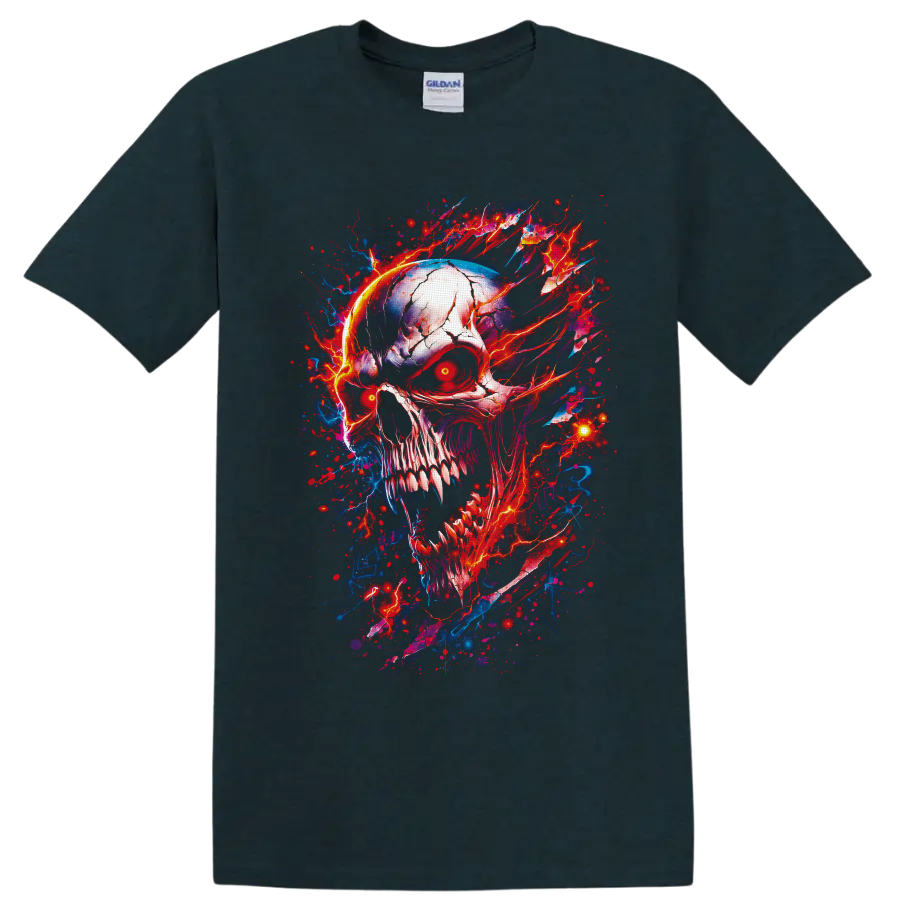 Cracked horror skull with glowing red eyes and red-blue lightning splatter art on a Midnight (Green) T Shirt