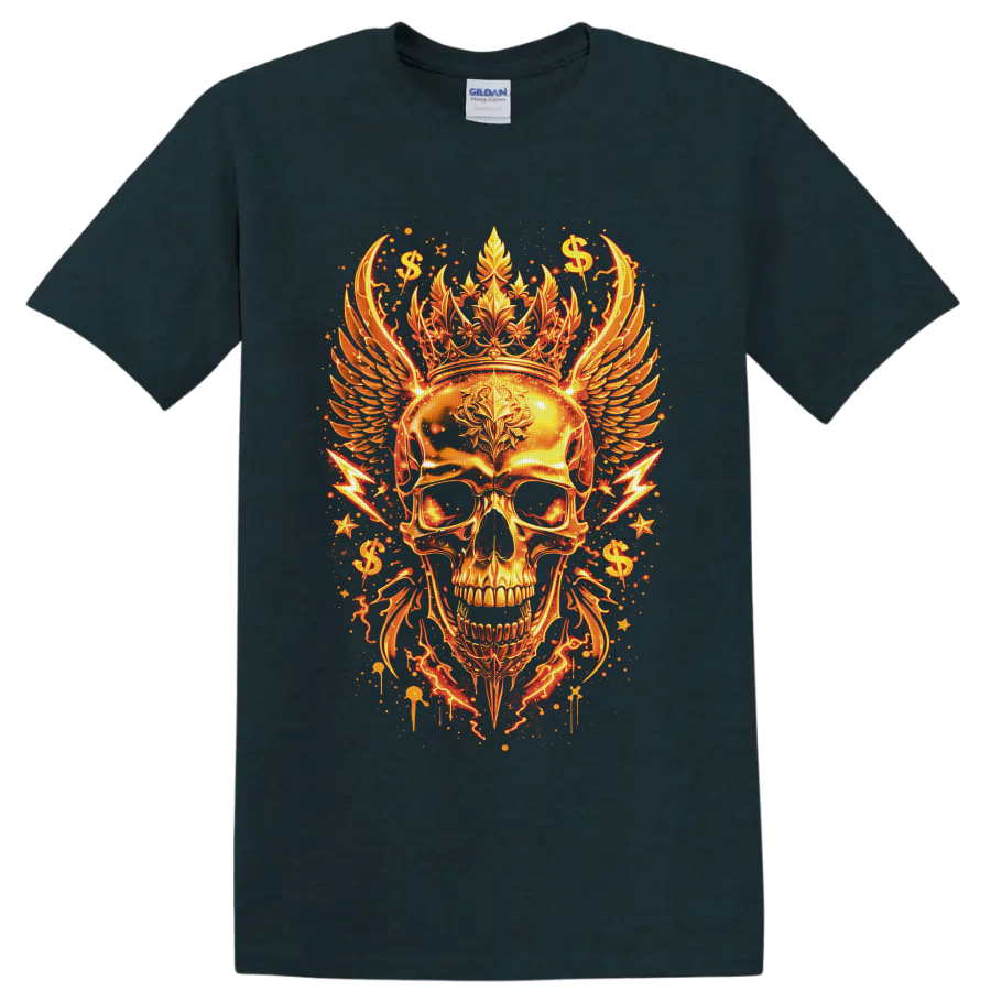 Golden crowned skull with feathered wings, dollar signs, stars, and lightning on a Midnight (Green) T Shirt