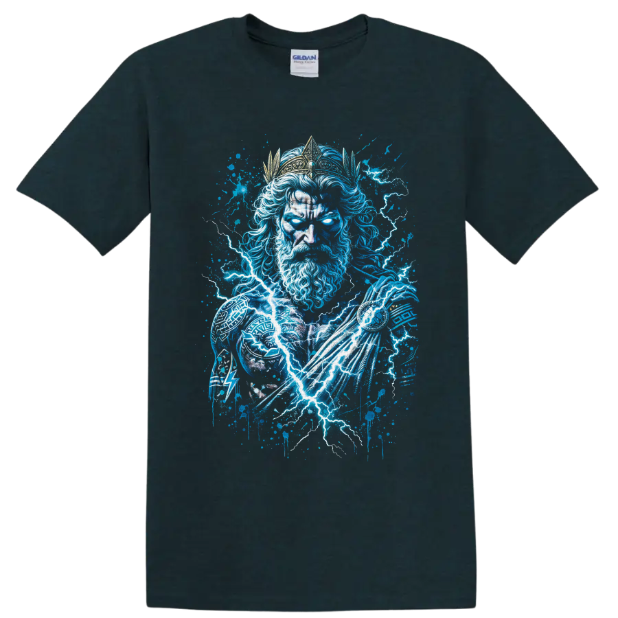 Zeus-inspired crowned lightning god in electric blue storm graffiti art on a Midnight (Green) T Shirt