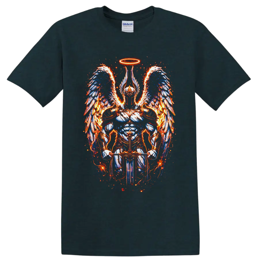 Armored angelic warrior with halo, fiery blue feathered wings, and sword fantasy art on a Midnight (Green) T Shirt