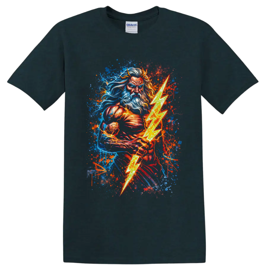 Bearded thunder god warrior holding a glowing lightning bolt in vibrant graffiti art on a Midnight (Green) T Shirt