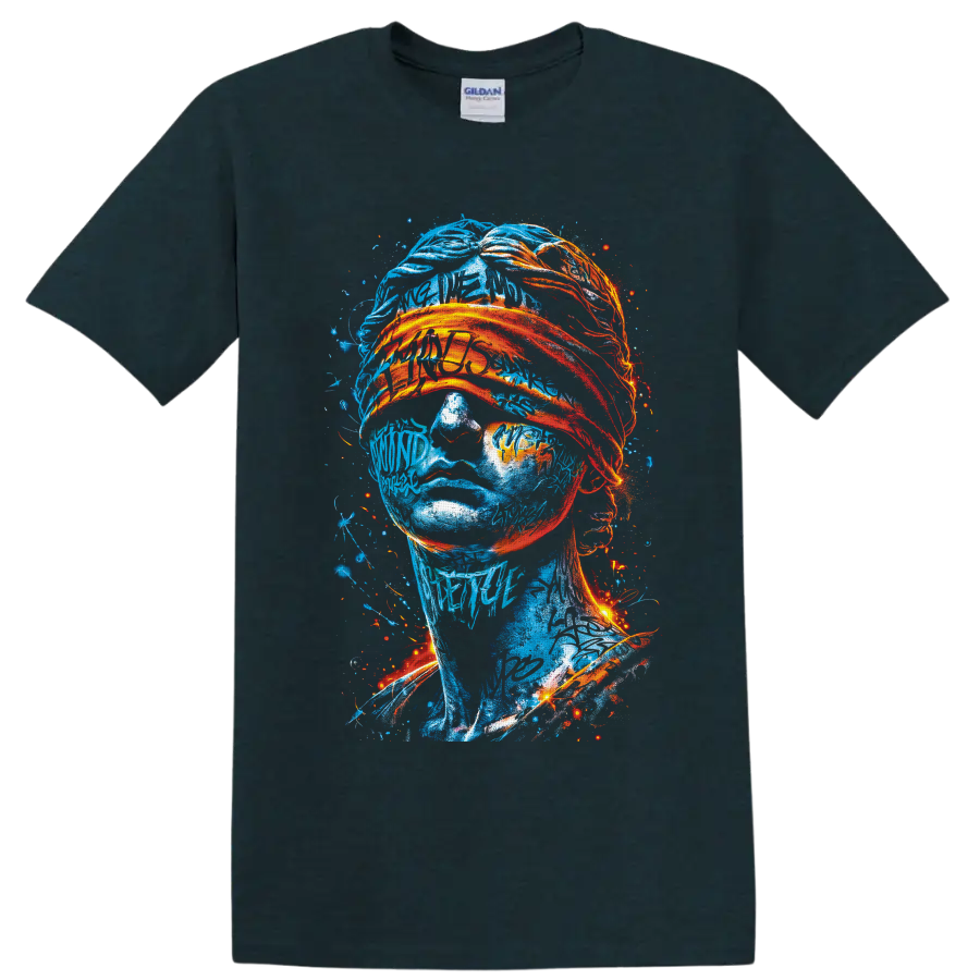 Abstract blue portrait with fiery orange wrapped fabric and neon graffiti splatters on a Midnight (Green) T Shirt