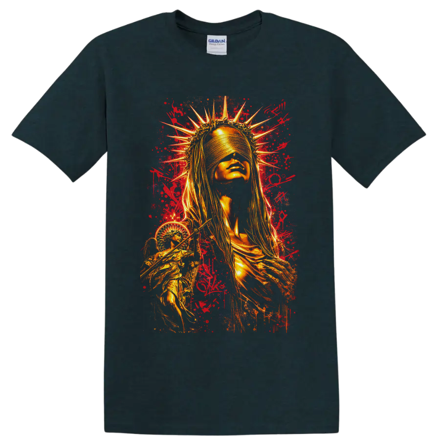 Golden blindfolded crowned woman with graffiti splatters and winged liberty-inspired on a Midnight (Green) T Shirt