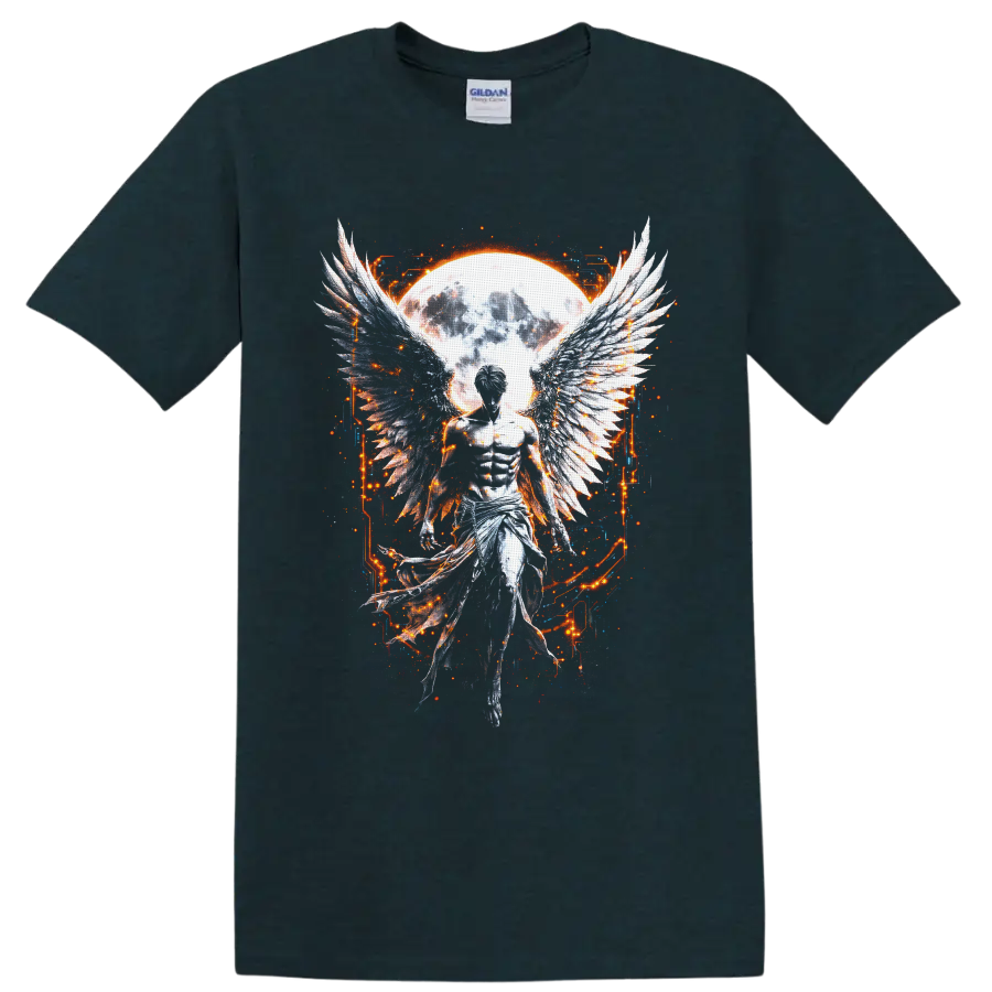 Fallen angel with feathered wings before a glowing moon in gothic fantasy art on a Midnight (Green) T Shirt