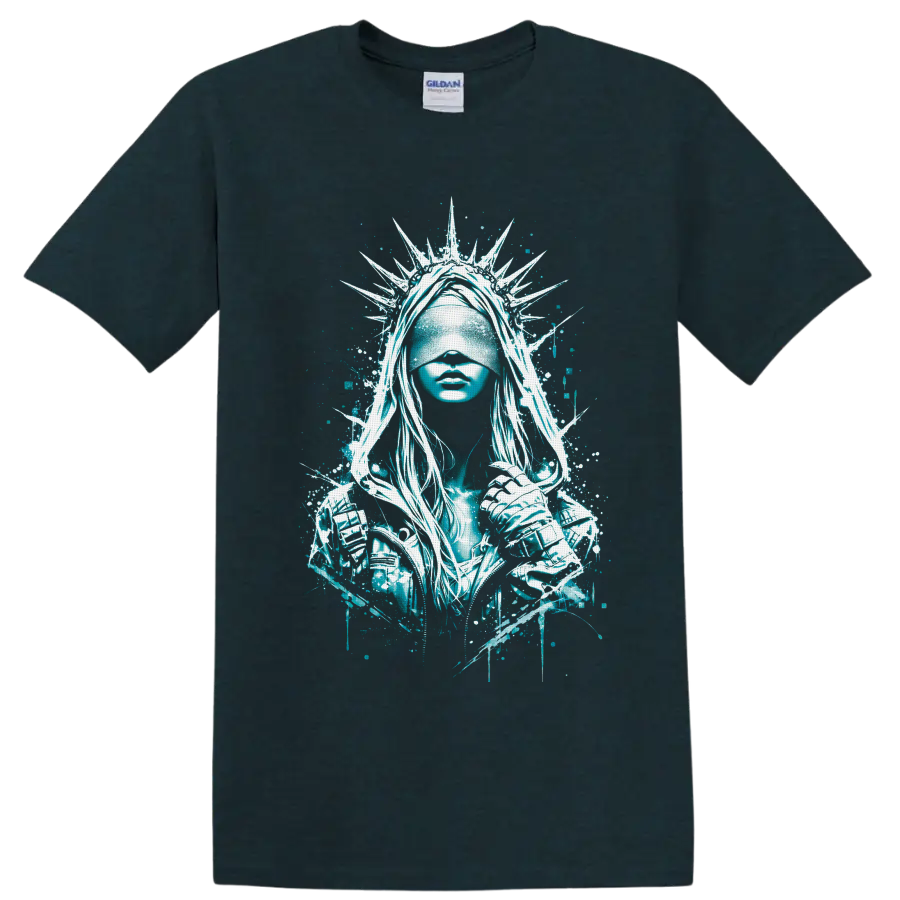 Blindfolded crowned warrior woman in teal gothic splatter art with spiked halo on a Midnight (Green) T Shirt