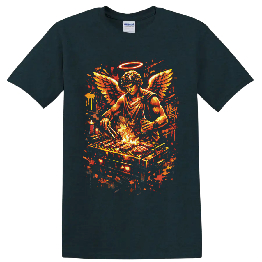 Fiery winged angel chef grilling over flames with halo, sunglasses, and paint splatters on a Midnight (Green) T Shirt