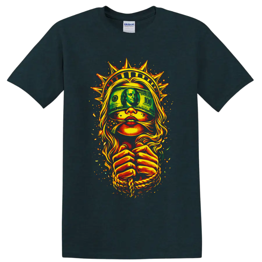 Blindfolded liberty lady with dollar bill, spiked crown, rope, and fiery street art on a Midnight (Green) T Shirt