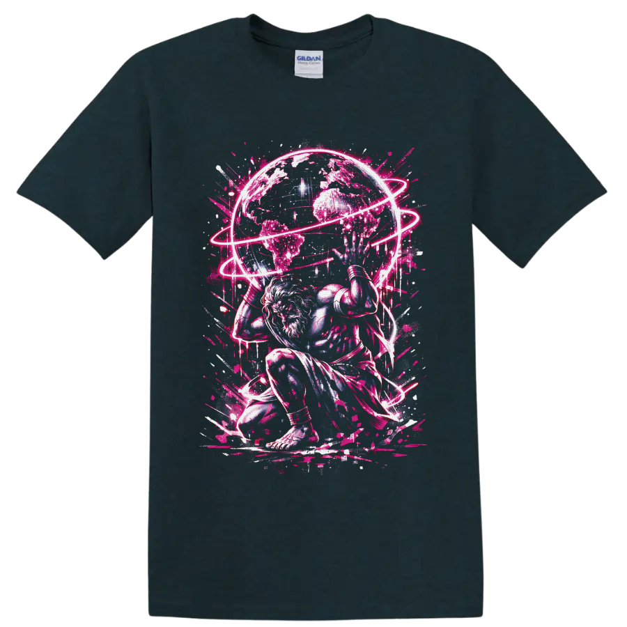 White-haired cosmic warrior beneath a globe with neon-pink orbital rings on a Midnight (Green) T Shirt