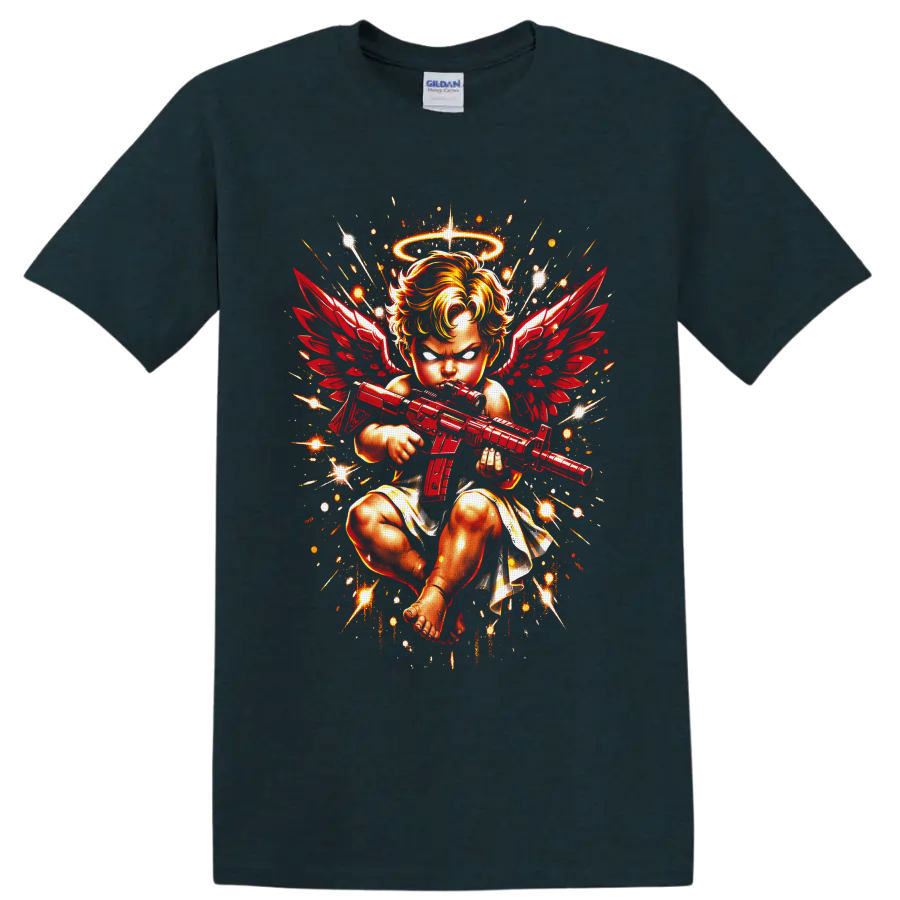 Fierce haloed angel baby with red wings holding a rifle in fiery fantasy art on a Midnight (Green) T Shirt