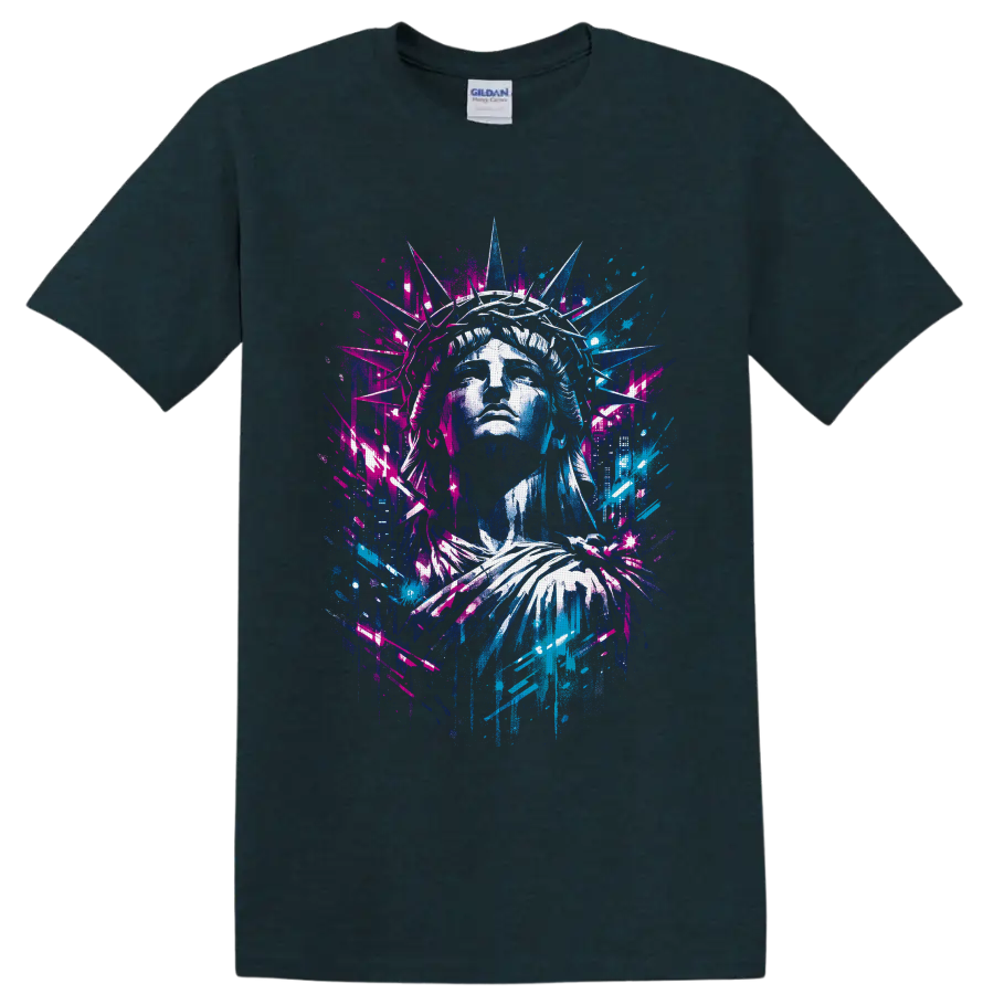 Statue of Liberty portrait in neon graffiti street-art style with urban splatter accents on a Midnight (Green) T Shirt