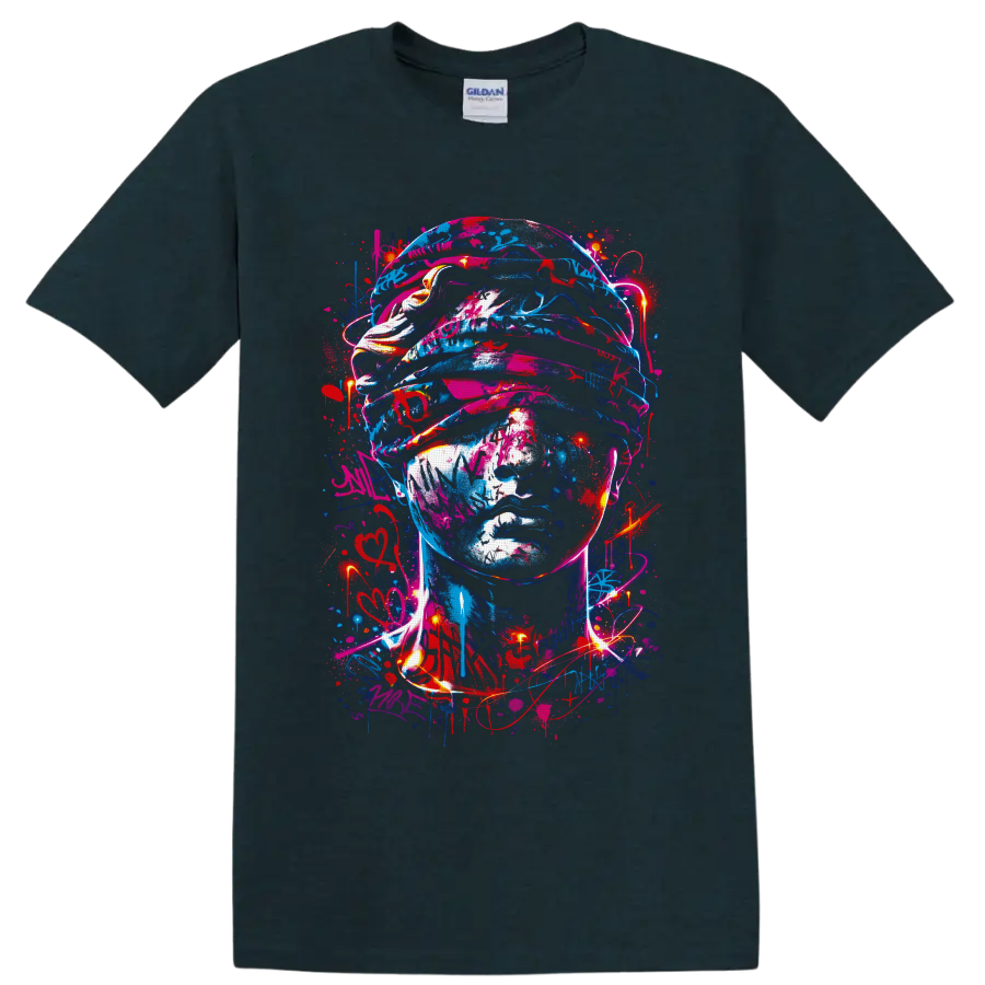 Neon graffiti-style soldier helmet portrait with paint splatters and glowing light trails on a Midnight (Green) T Shirt