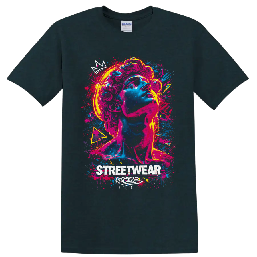 Neon graffiti classical statue bust with paint splashes and STREETWEAR text on a Midnight (Green) T Shirt