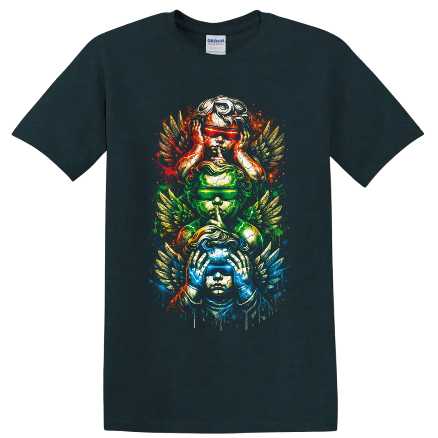 Three winged figures portraying hear, speak, and see no evil in neon splatter art on a Midnight (Green) T Shirt