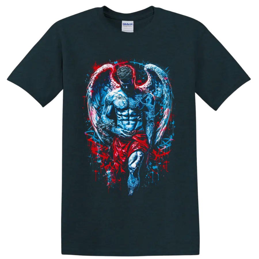 Winged angel warrior in blue and crimson gothic fantasy splatter illustration on a Midnight (Green) T Shirt
