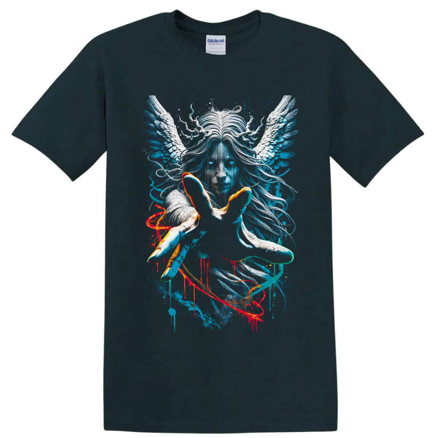 Surreal blue winged portrait with white angel wings, flowing hair, and paint splatter on a Midnight (Green) T Shirt