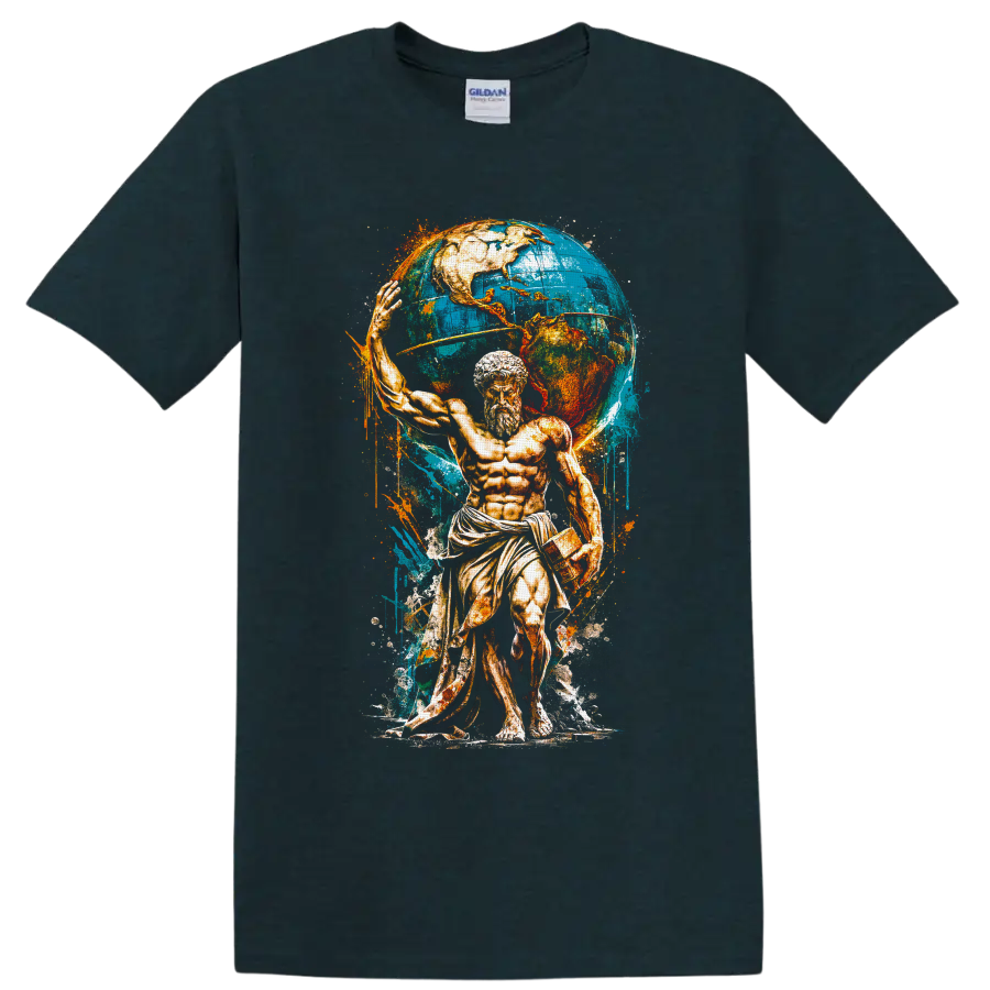 Atlas-inspired classical Titan with a blue world globe in distressed vintage paint art on a Midnight (Green) T Shirt