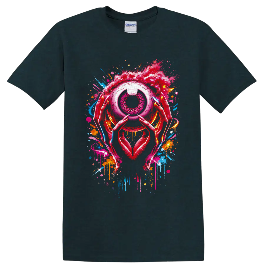 Surreal pink eye held by pointed hands with neon graffiti splatters and drips on a Midnight (Green) T Shirt