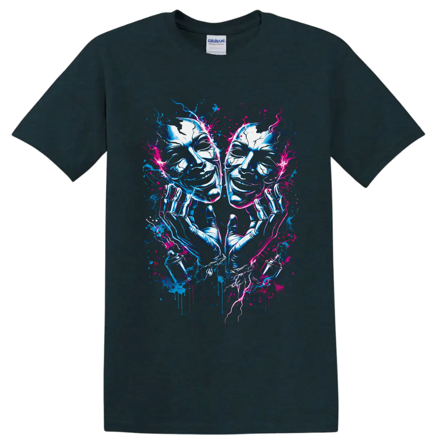 Comedy and tragedy theater masks with gloved hands in neon blue and pink graffiti art on a Midnight (Green) T Shirt