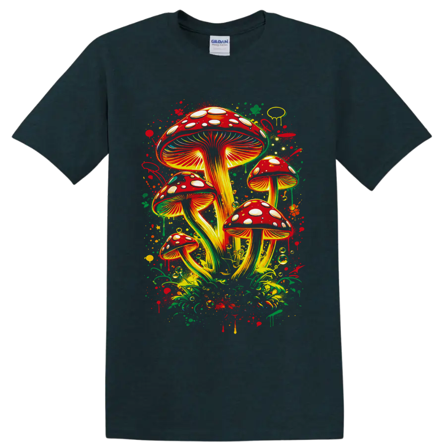 Psychedelic red spotted mushroom cluster with golden gills and forest splatters on a Midnight (Green) T Shirt
