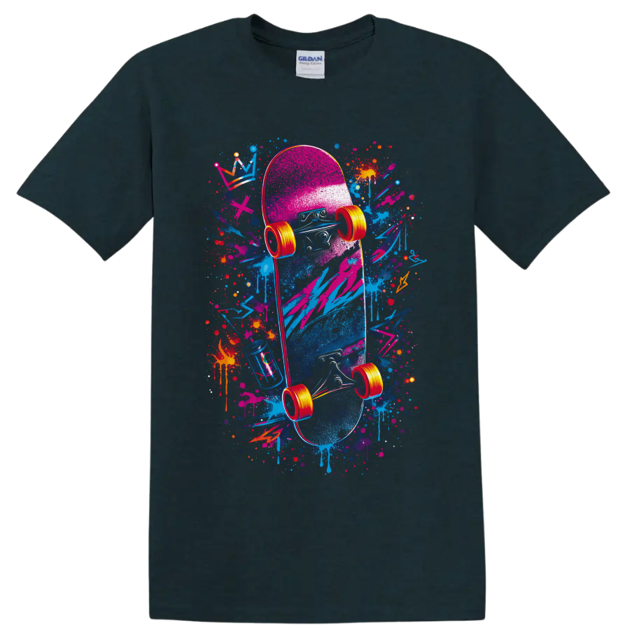 Neon graffiti-style skateboard graphic with paint splatters, drips, and bright wheels on a Midnight (Green) T Shirt